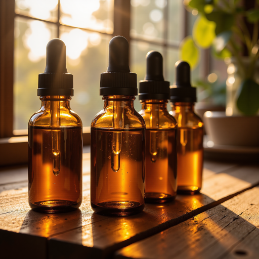 Essential oils collection in amber glass bottles on wooden surface, natural lighting