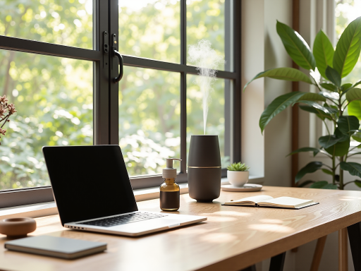 Morning meditation scene with aromatherapy diffuser, natural light, peaceful atmosphere