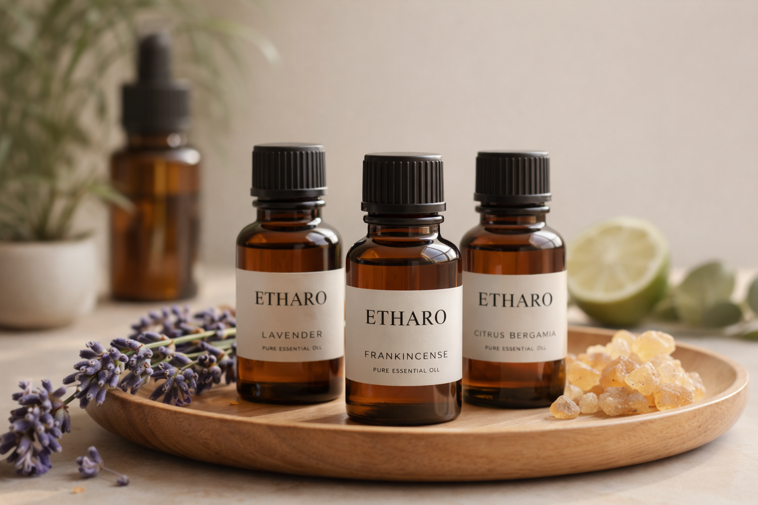 Premium essential oils collection in elegant amber bottles, sophisticated presentation